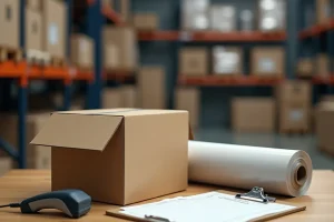 Banco di accettazione in magazzino con scatola in cartone, film estensibile e chiodi metallici per controllo documentale