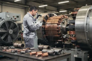 Tecnico in officina mentre controlla un portaspazzole su una macchina rotante con anelli di contatto e componenti meccanici